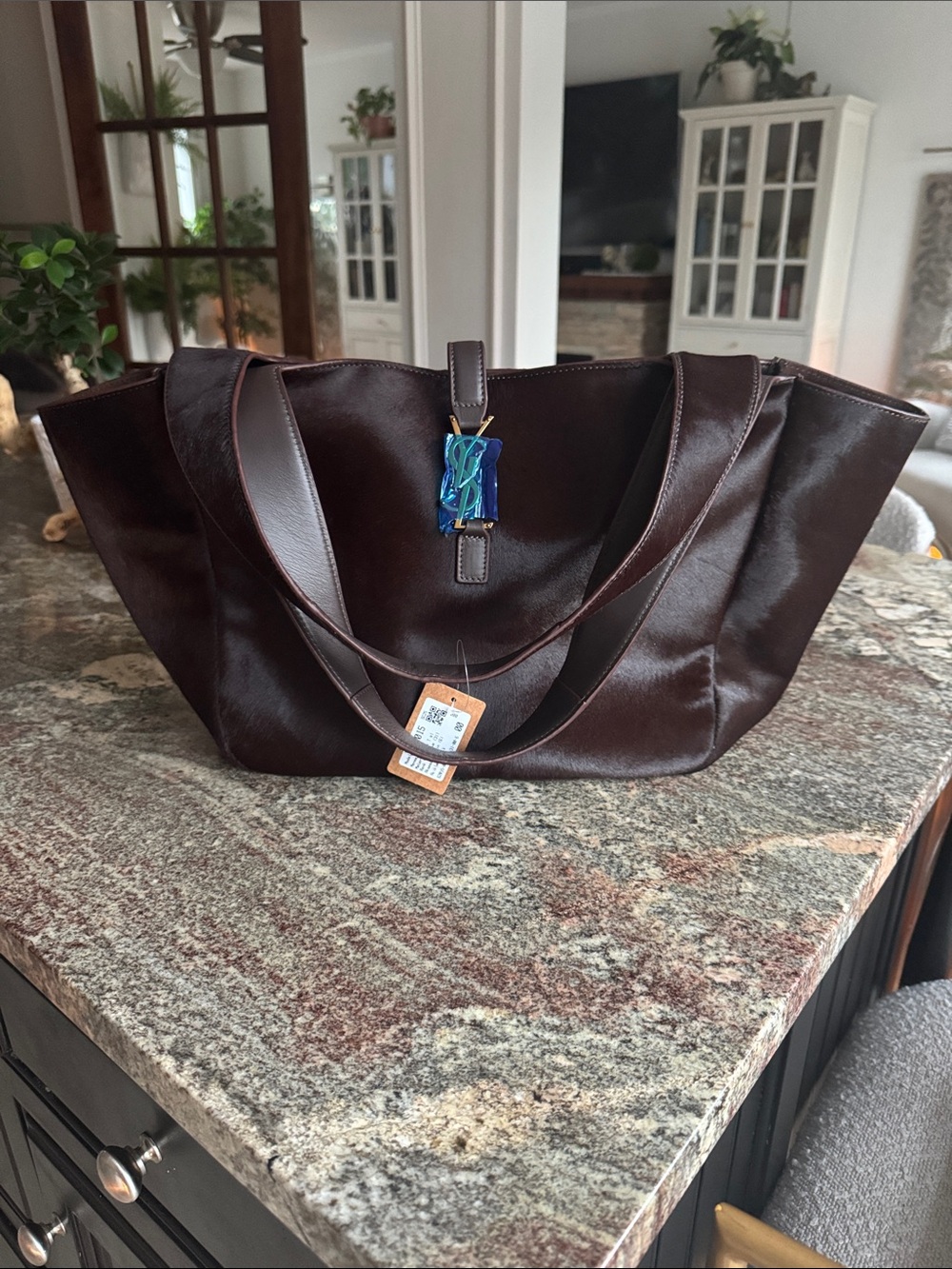 Yves Saint Laurent Brown Tote with Blue Decorative Logo Accent
